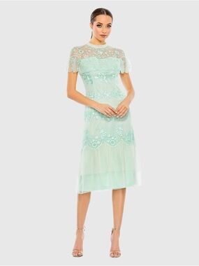 MAC DUGGAL Green Embroidered Ruffled Cap Sleeve Midi Dress 6